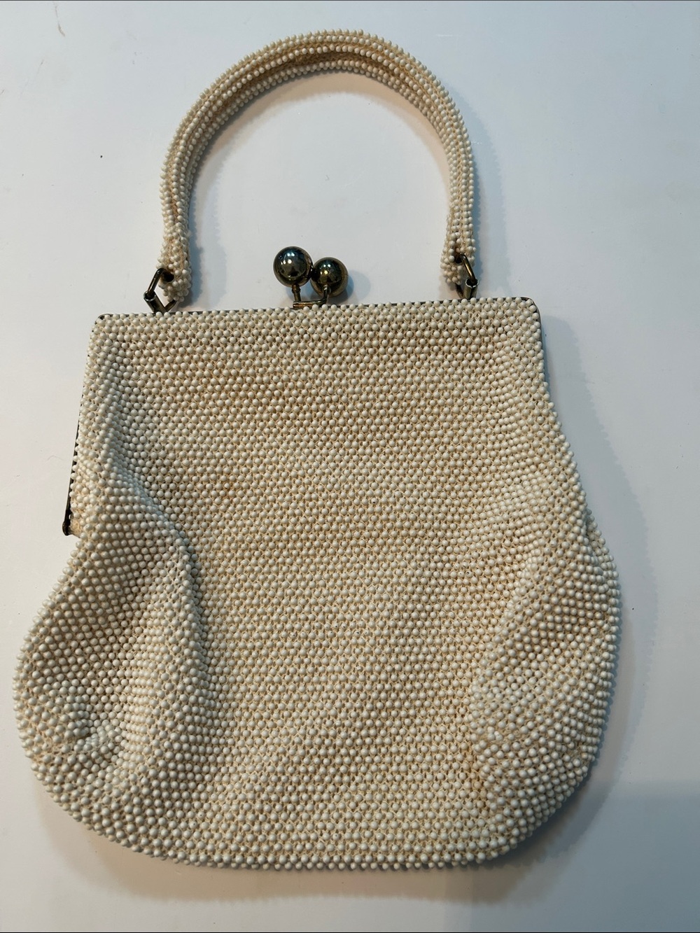 1950’s Lemured Ivory Beaded Framed Top Handle Bag Purse